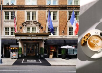 The Mark Grand Slam: a collage of two images with the hotel's entrance in the larger section and a tennis-themed coffee in the smaller section