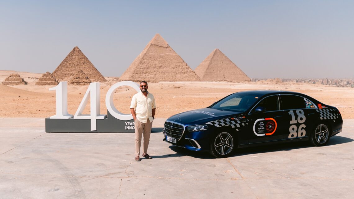 2026 Mercedes-Benz S-Class Review: A static image of the car with Shivaum standing next to it and the pyramids in the background.