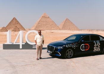 2026 Mercedes-Benz S-Class Review: A static image of the car with Shivaum standing next to it and the pyramids in the background.