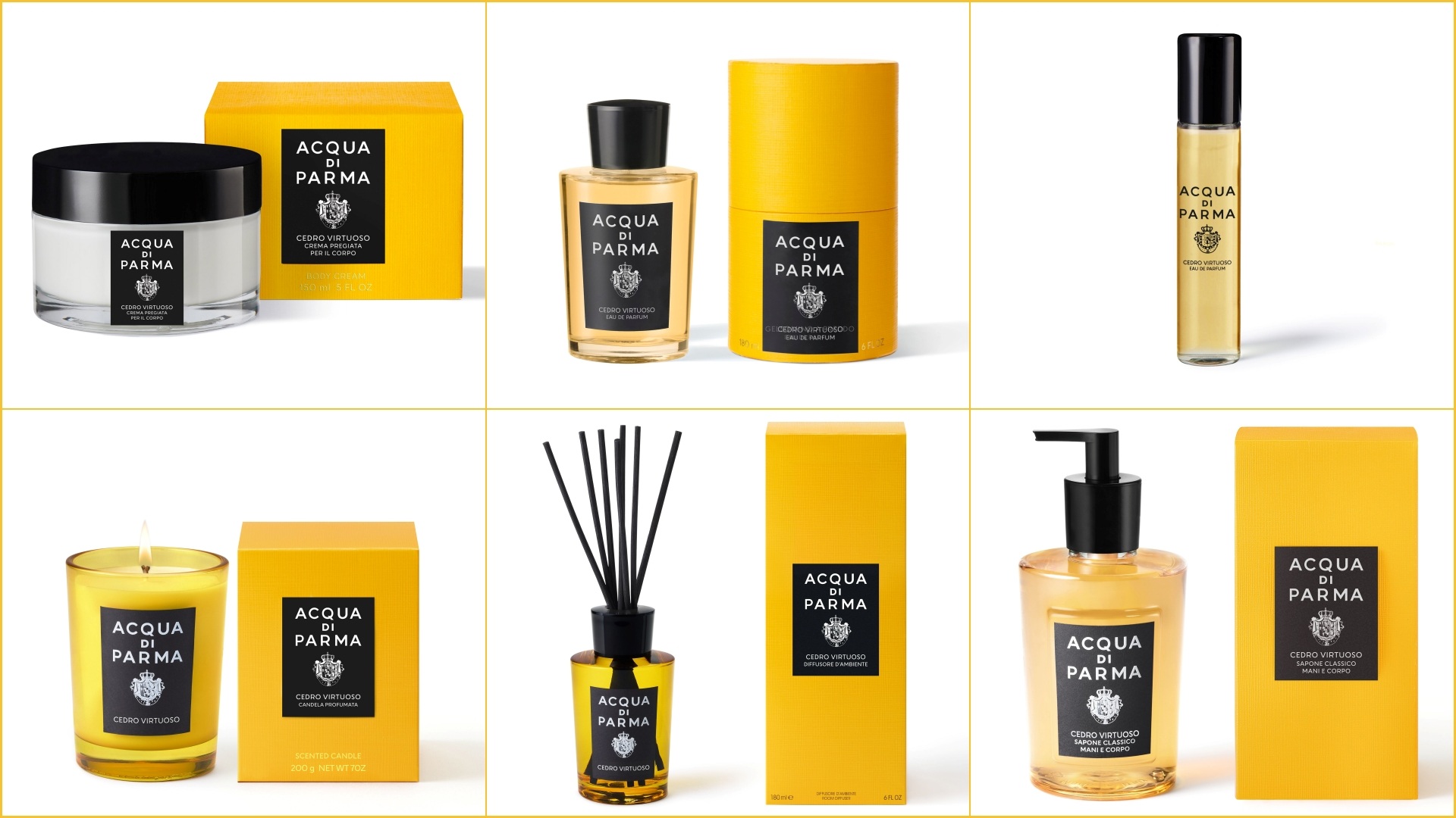 A collage of six images of the Acqua di Parma Cedro Virtuoso range of products.