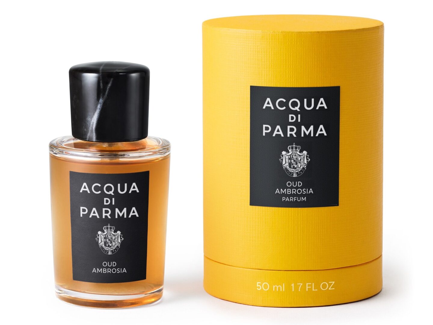 An image of the Acqua di Parma Oud Ambrosia, with its bottle on the left and the box on the right.