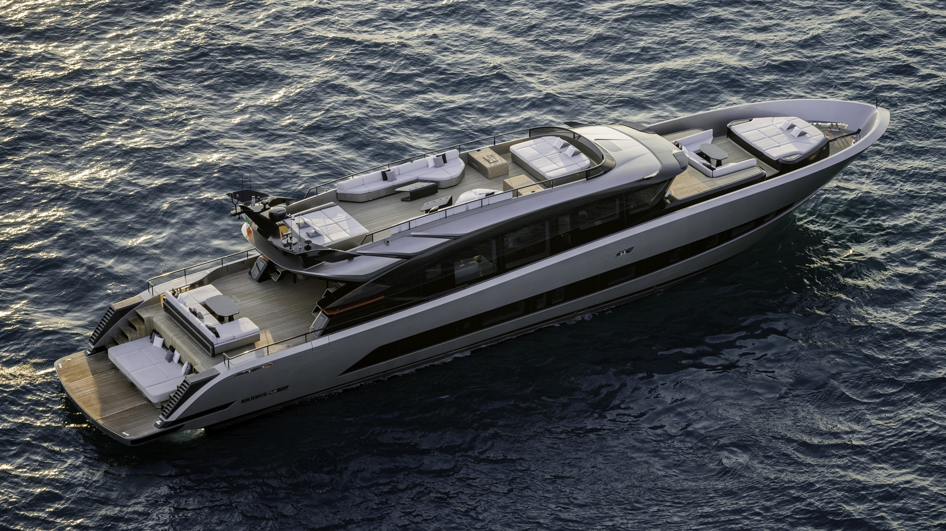 Brabus AB110 Yacht: An aerial shot of the yacht focusing on the top
