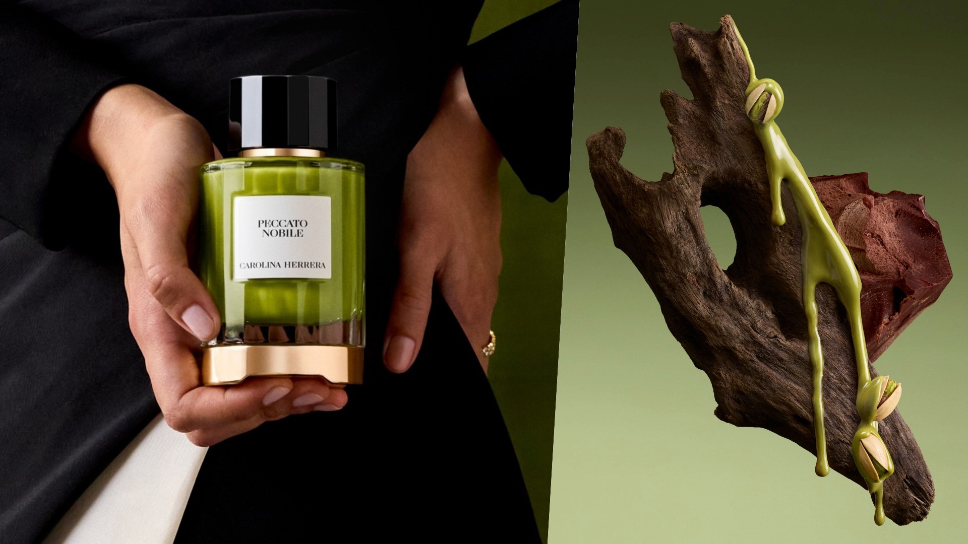 Carolina Herrera Peccato Nobile: A collage of two images with a woman holding the bottle of the scent on the left, and the elements of the key notes on the right.