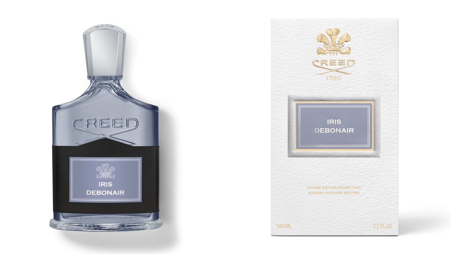 Creed Iris Debonair: A collage of two images with the scent's bottle on the left and its box on the right.