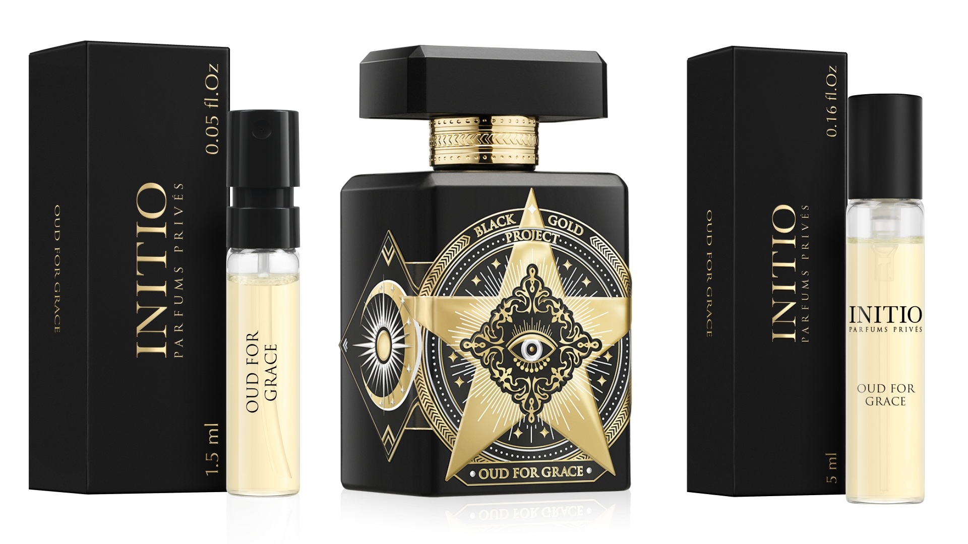 Initio Oud For Grace: A collage of three images with the 90ml bottle in the centre, a 1.5ml spray bottle on the left and a 5ml bottle on the right