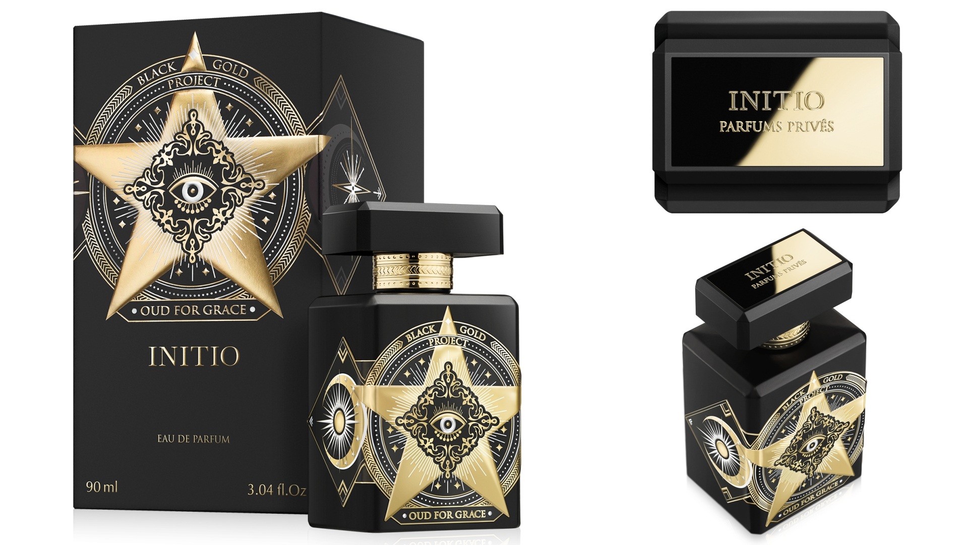 Initio Oud For Grace: A collage of three images with the 90ml bottle with its box on the left, the top of the cap on the top-right and a top-shot of the 90ml bottle on the bottom-right.