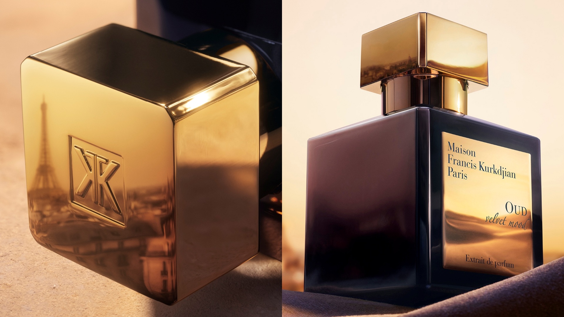 Maison Francis Kurkdjian Oud Velvet Mood: A collage of two images with a close-up of the top of the cap on the left, and a close-up of the complete bottle on the right.