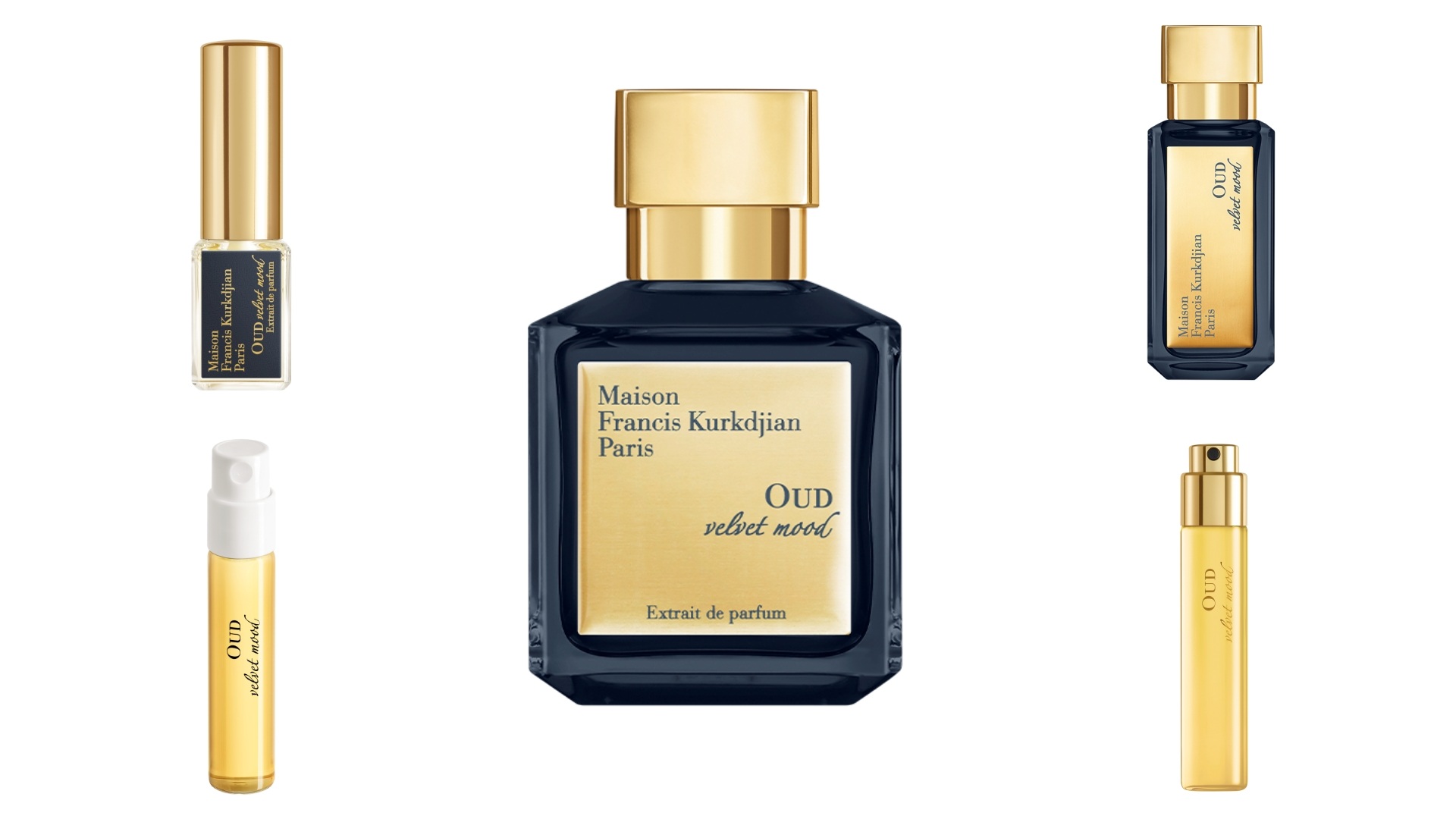 Maison Francis Kurkdjian Oud Velvet Mood: A collage of five images representing the complete fragrance range.