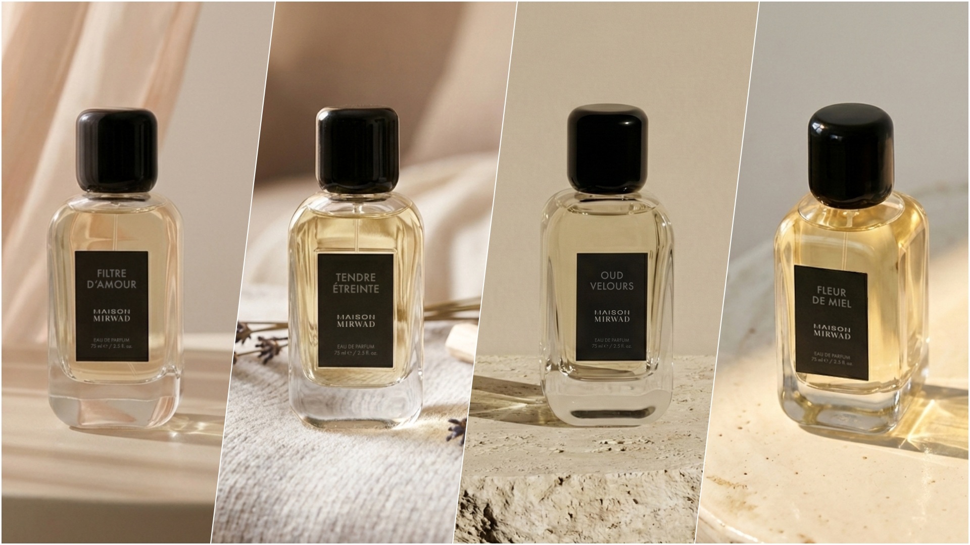 Maison Mirwad Signature Collection: A collage of four images with a bottle each of Filtre D'Amour, Fleur De Miel, Oud Velours, and Tendre Etrinte
