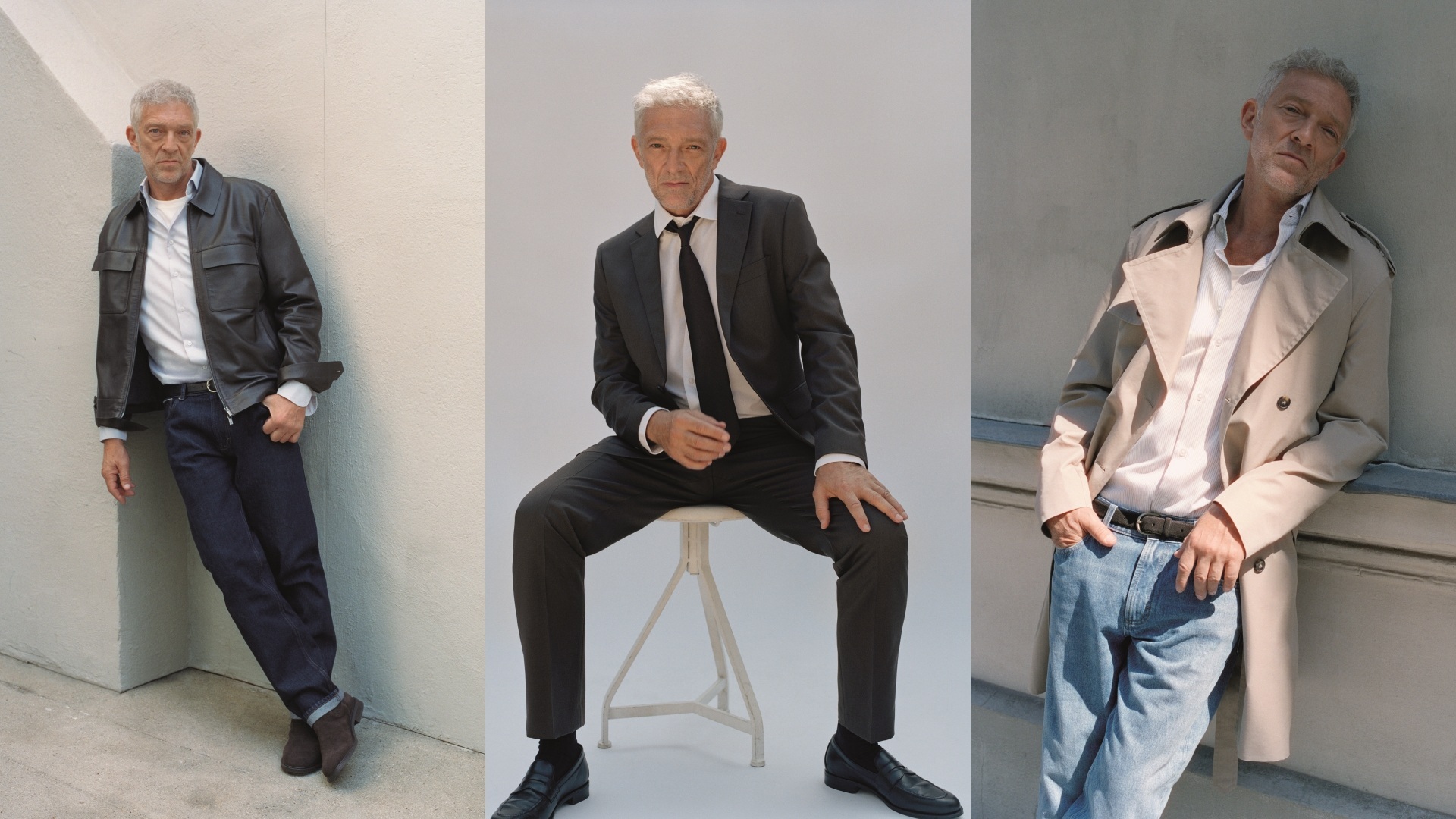 Mango Man Essential: A collage of three images with the new ambassador, Vincent Cassel, posing while wearing select pieces from the collection