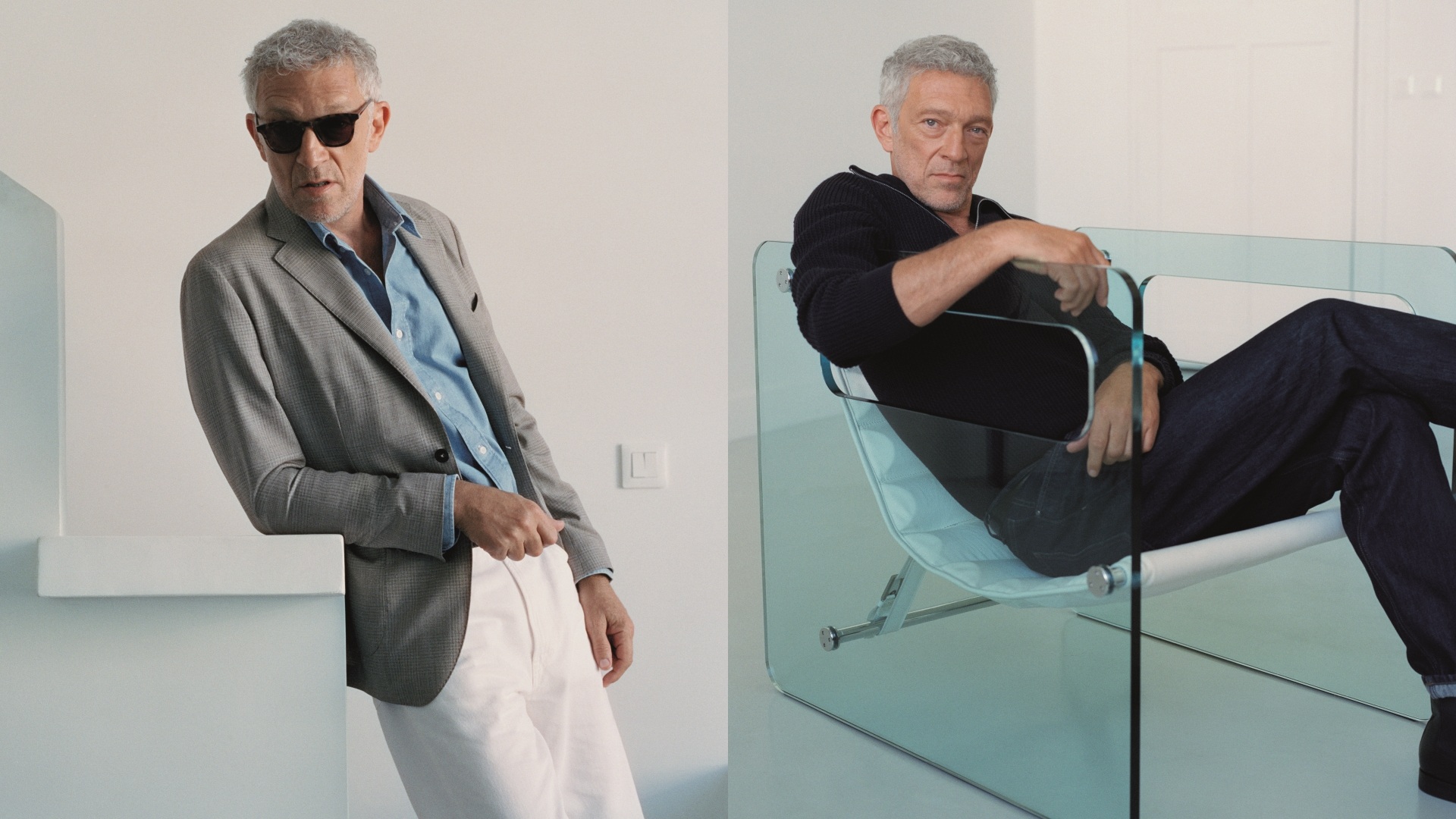 Mango Man Essential: A collage of two images with the new ambassador, Vincent Cassel, posing while wearing select pieces from the collection