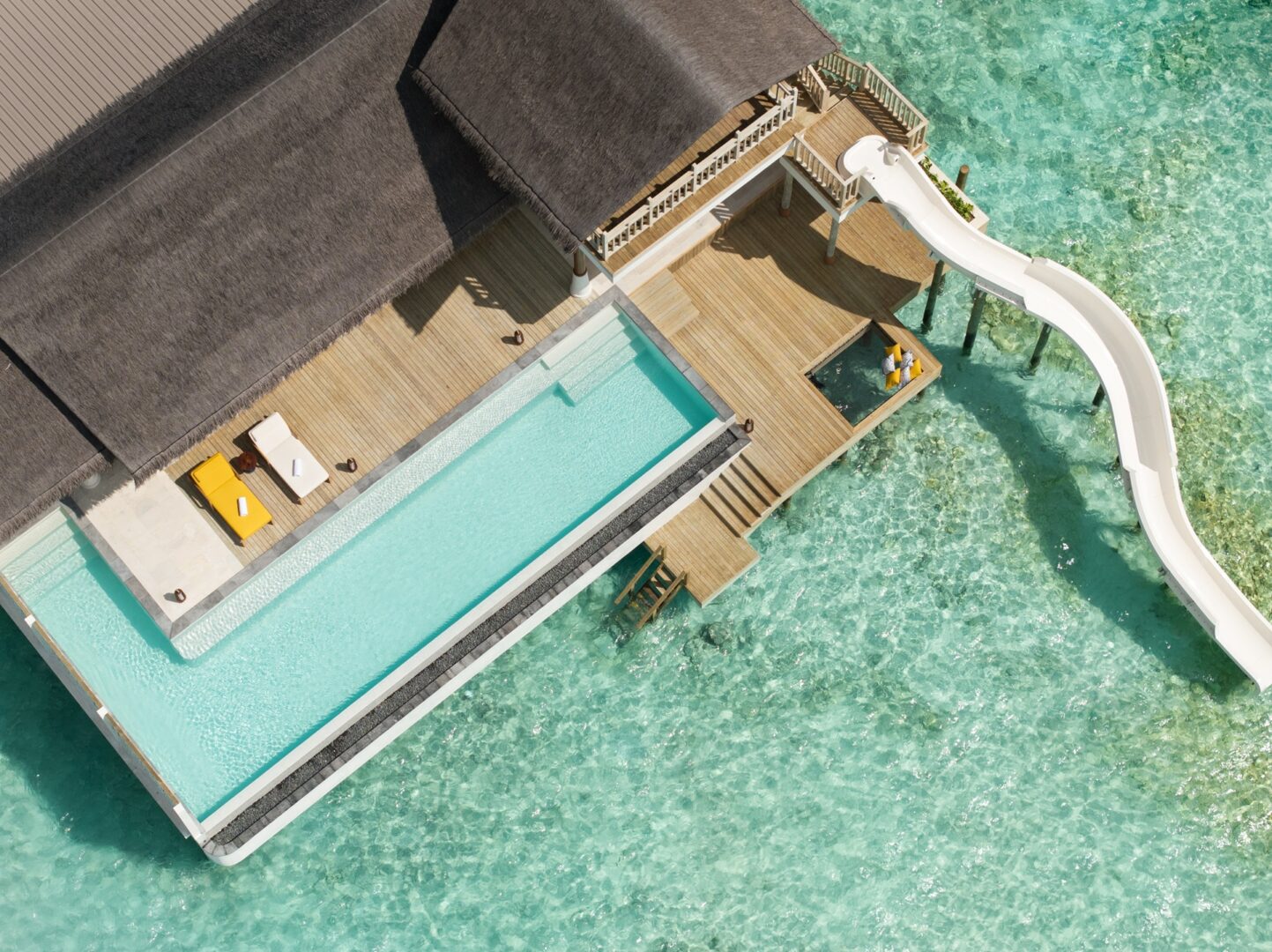 SIX & SIX Private Residences: An aerial exterior shot of the Aethr Water Pool Villa at DON MAAGA, Maldives.