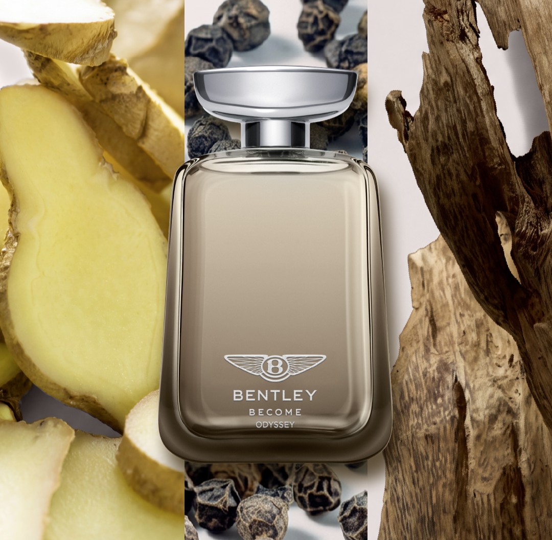 Bentley Become Odyssey: The bottle surrounded by the elements of its fragrance.