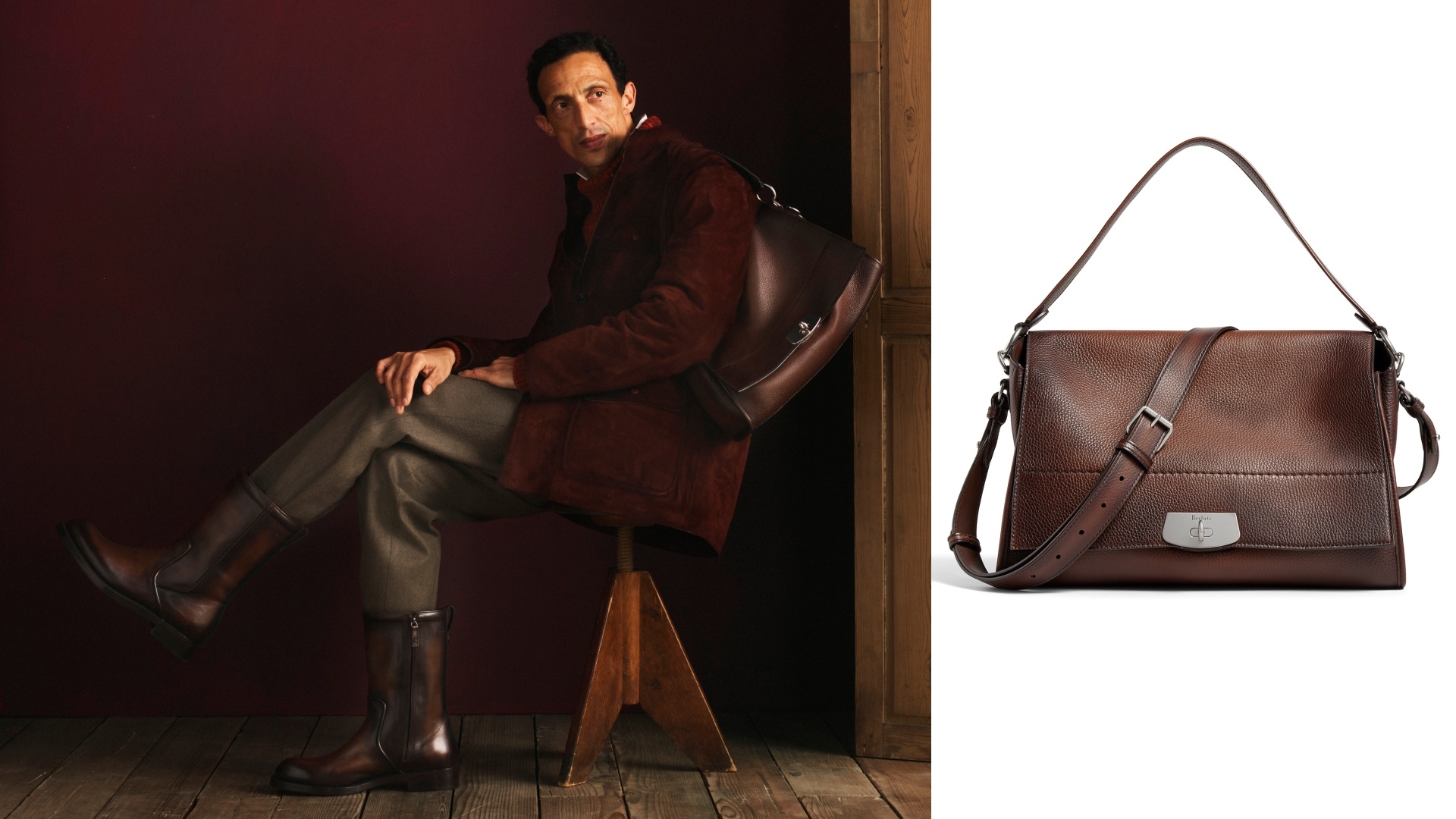 Berluti Bags: A collage of two images, with a model carrying the E’Mio Duo (left) and a product shot (right).