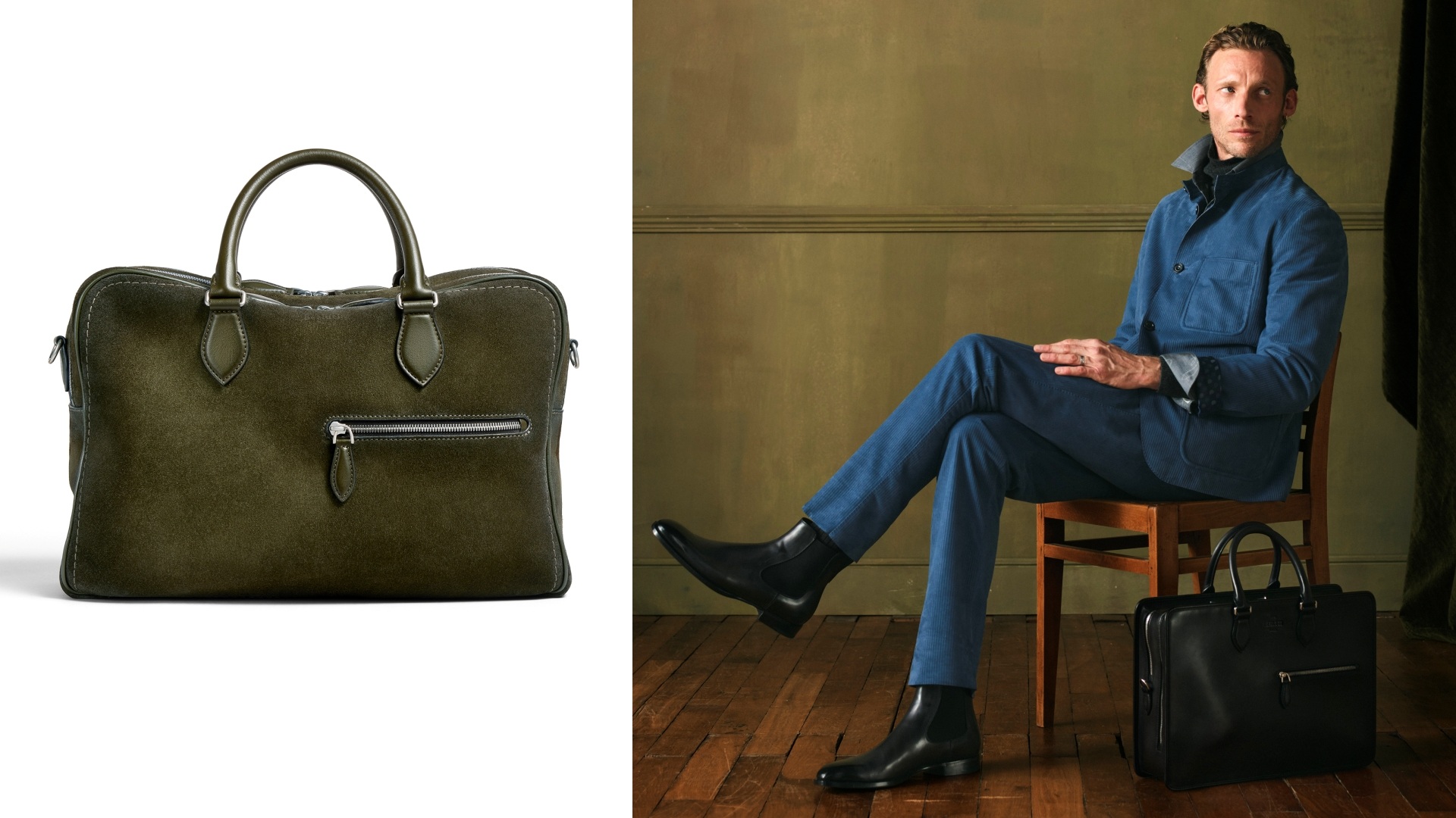 Berluti Bags: A collage of two images with the Deux Jours bag on the floor with a model sitting on a chair (right), and a product shot (left)