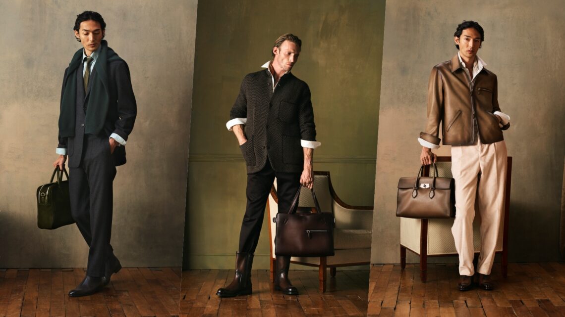 Berluti Bags: A collage of three images with models carrying three different bags