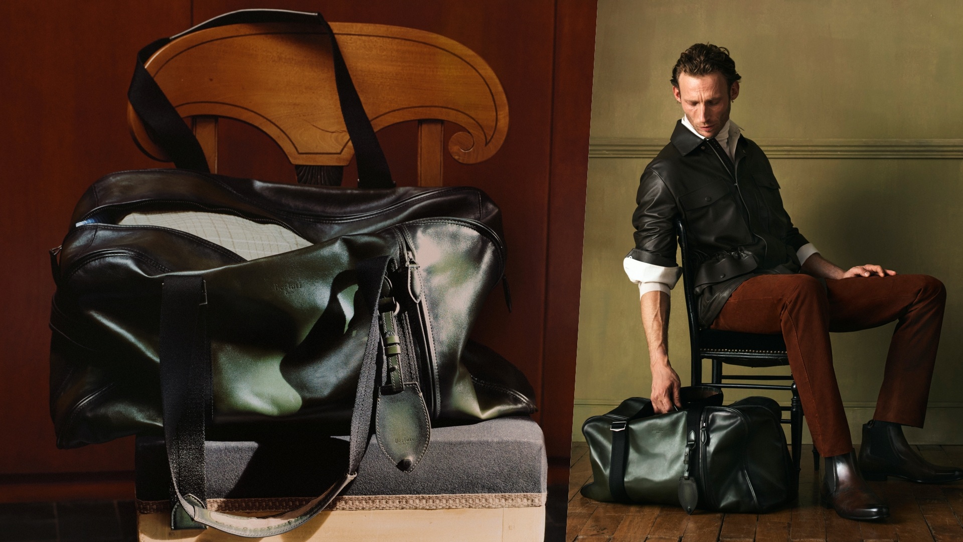 Berluti Fly: A collage of two images with the bag open kept on a chair (left) and with the bag kept on the floor with a model reaching for it (right)