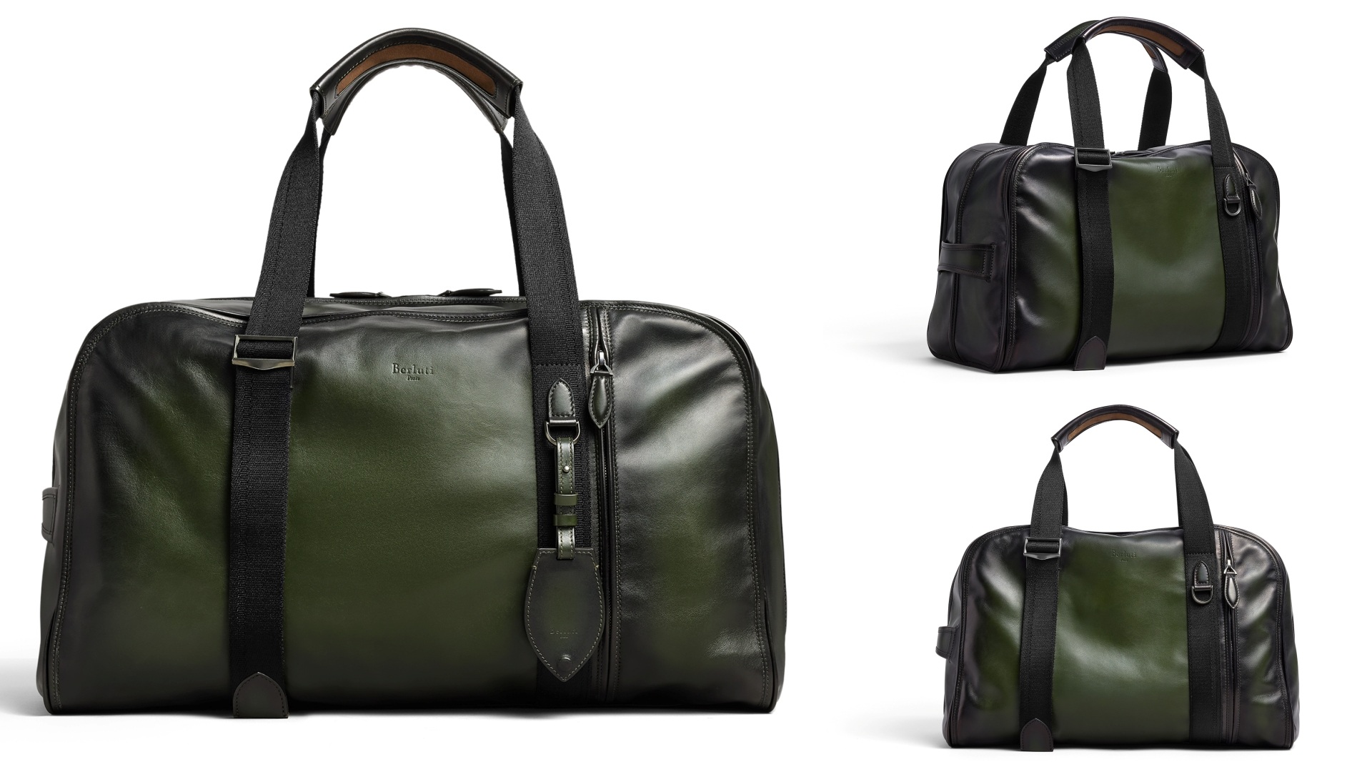 Berluti Fly: A collage of three images with the bag photographed from different angles.