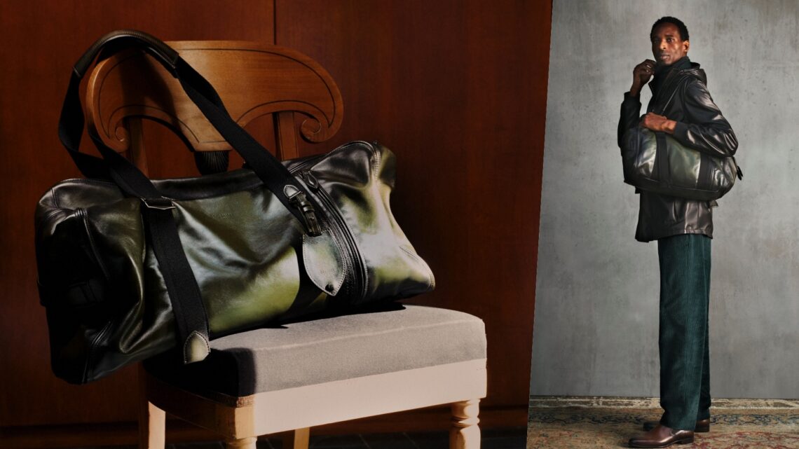 Berluti Fly: A collage of two images with the bag kept on a chair (left) and a model carrying in on his shoulder (right)