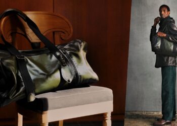 Berluti Fly: A collage of two images with the bag kept on a chair (left) and a model carrying in on his shoulder (right)