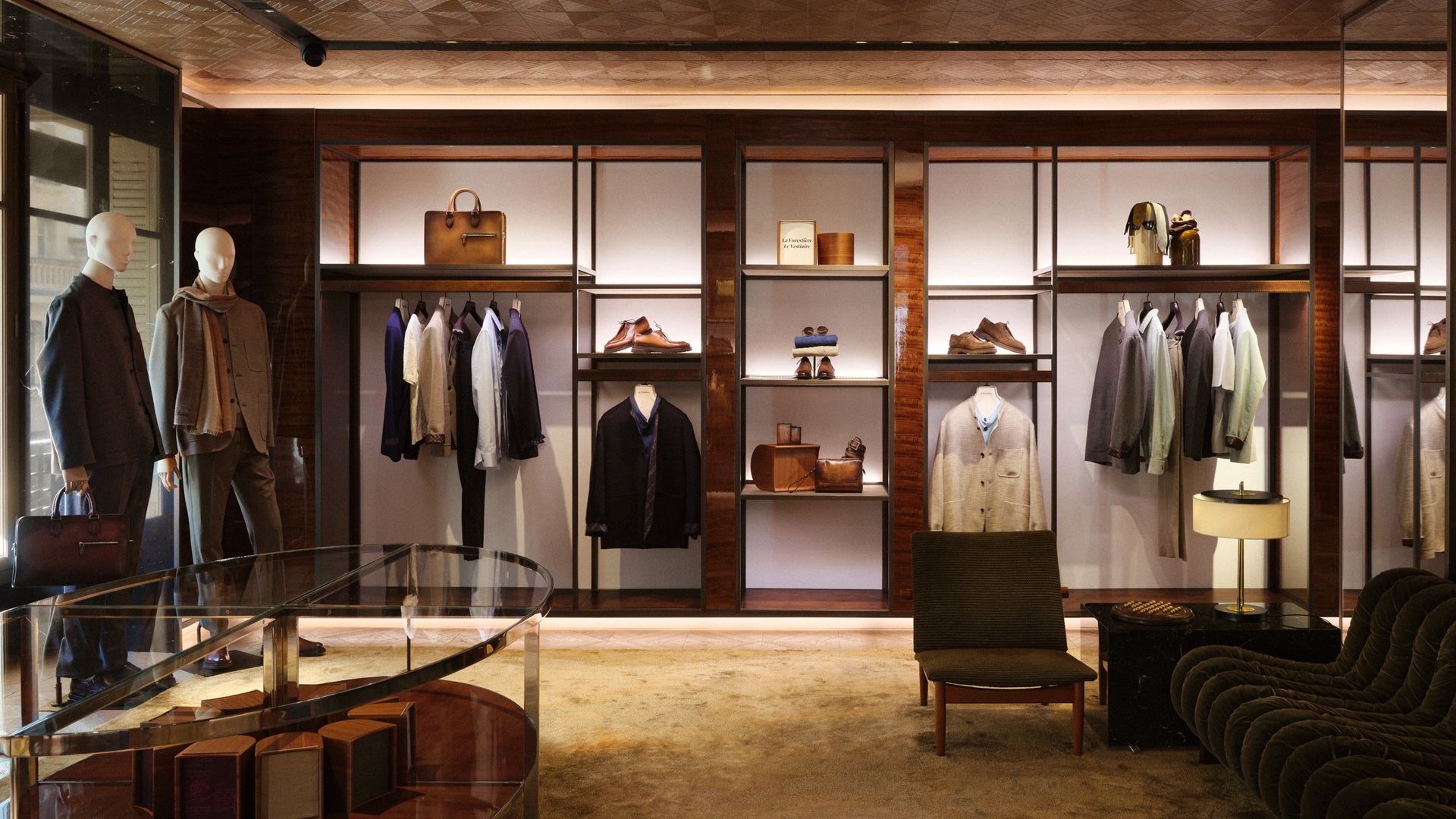 Berluti Forestière Jacket featuring in a wide shot of a Berluti Boutique.