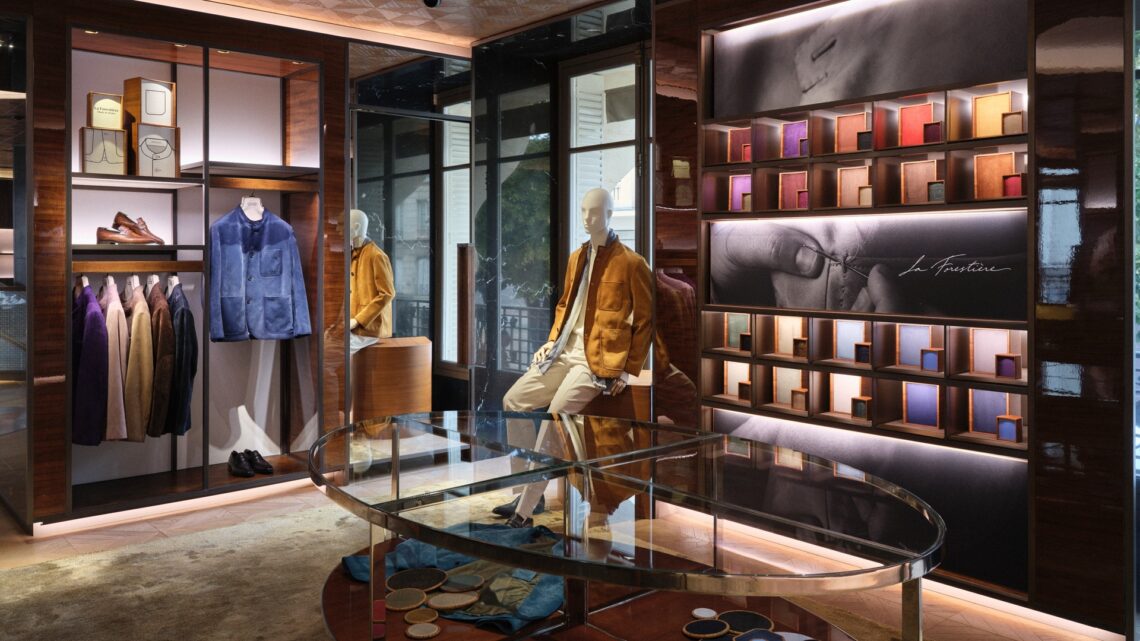 Berluti Forestière Jacket featuring in a wide shot of a Berluti Boutique.