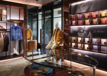 Berluti Forestière Jacket featuring in a wide shot of a Berluti Boutique.