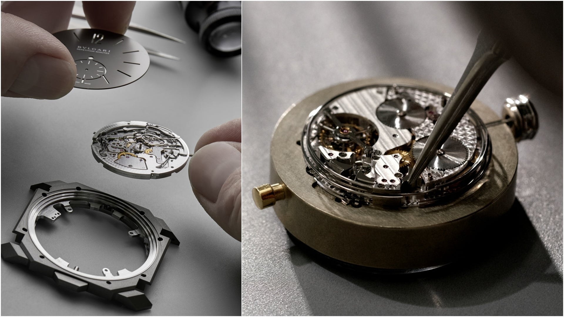 Bvlgari Watchmaking: A collage of two images, both close-up images of a watch being assembled.