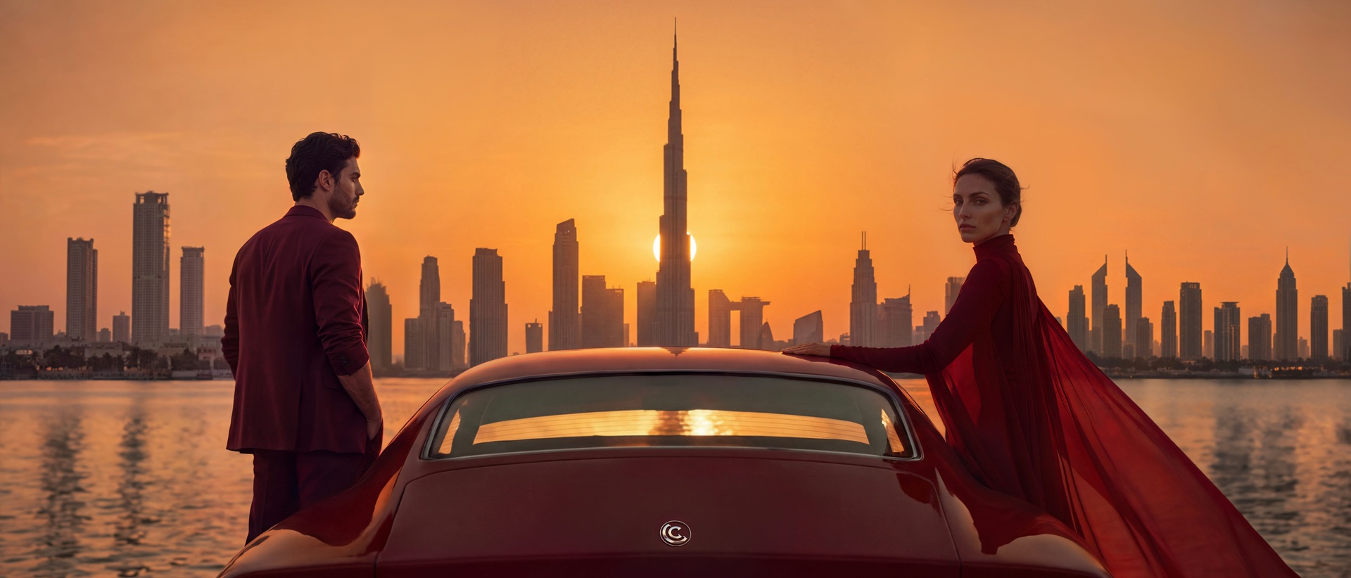 Connoisseur Collective Dubai: An image that shows the Dubai skyline with two models standing on either side of a red car.