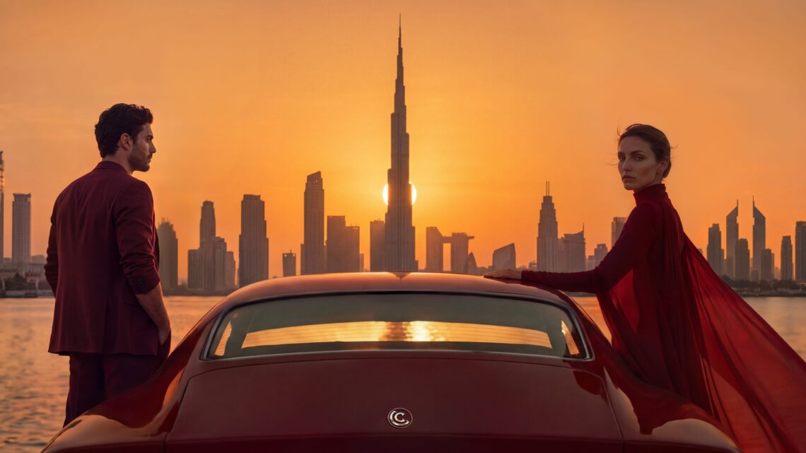 Connoisseur Collective Dubai: An image that shows the Dubai skyline with two models standing on either side of a red car.