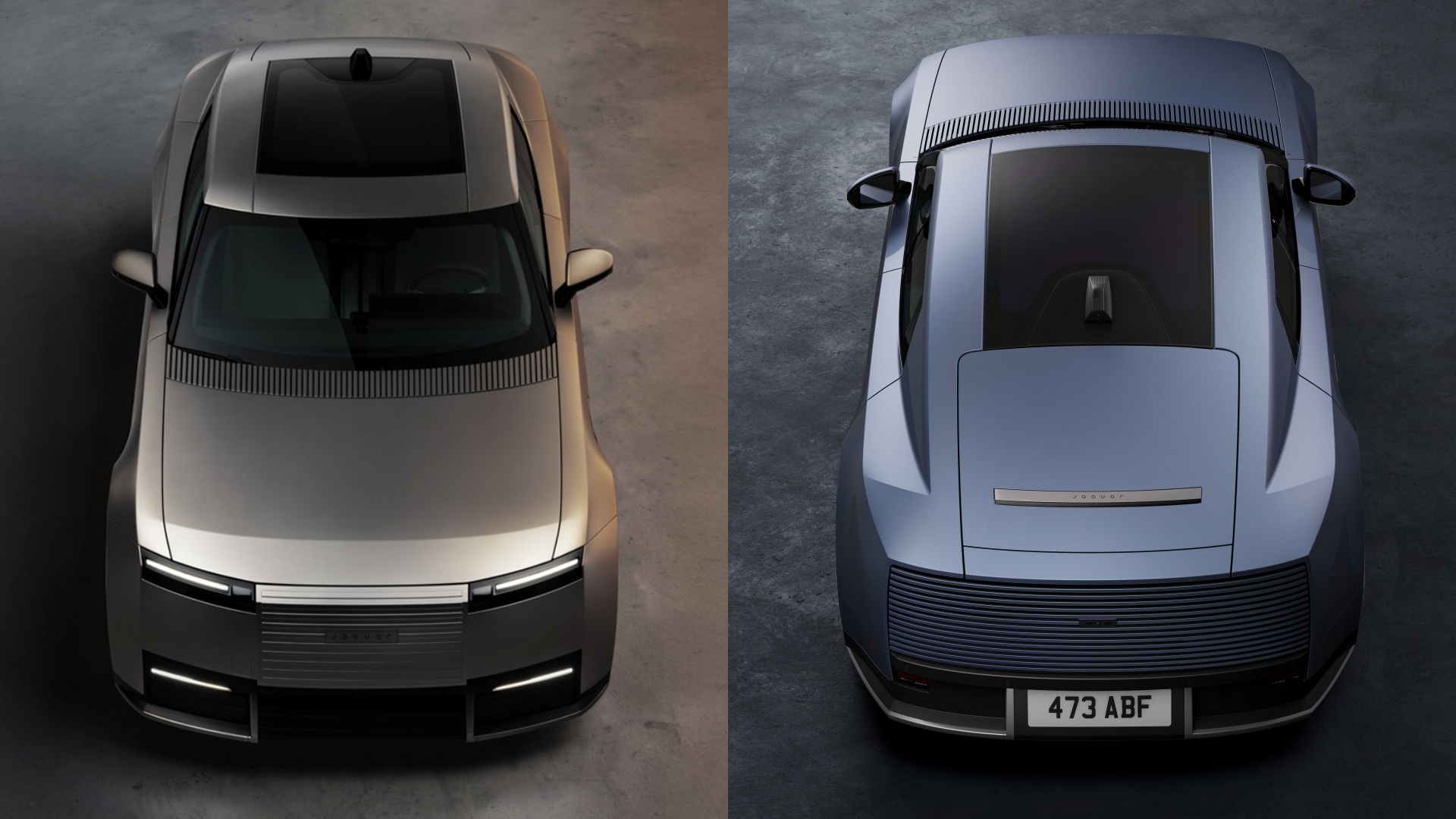 Jaguar Type 01 - A collage of two images with the top-front of the silver car and top-back of the blue car.