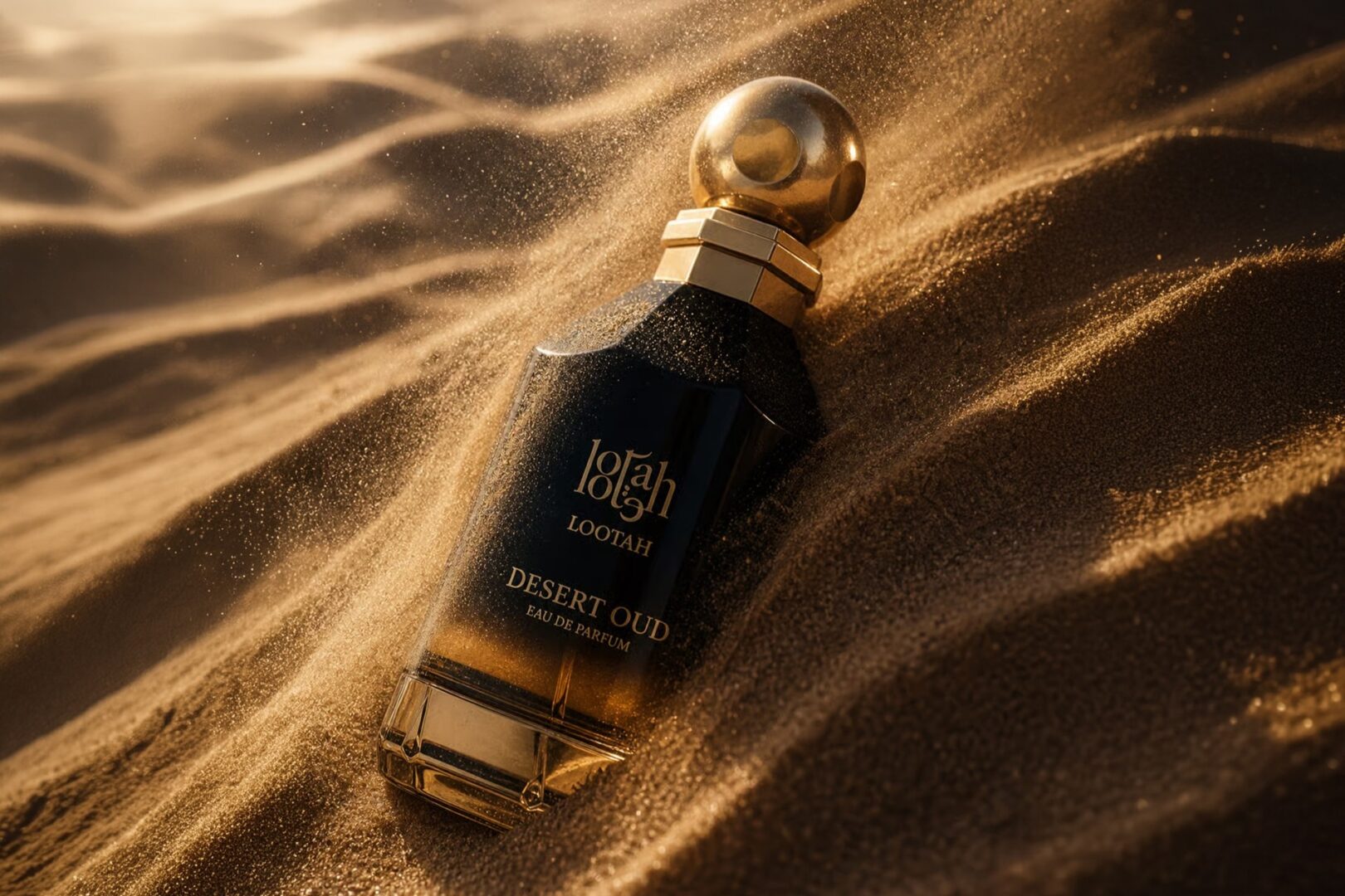 Lootah Desert Oud and Dolce Oud Launched: A bottle of the Lootah Desert Oud kept on desert sand.