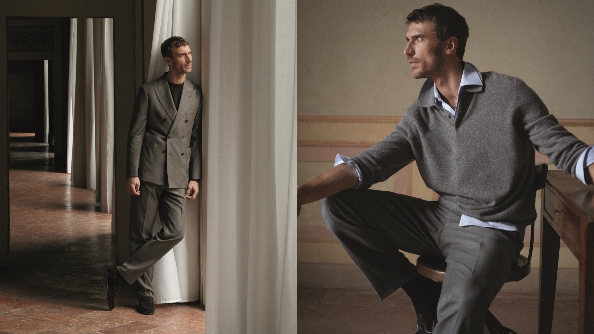 Mango Man Selection: A collage of two images, both with the same model wearing select pieces from the collection.