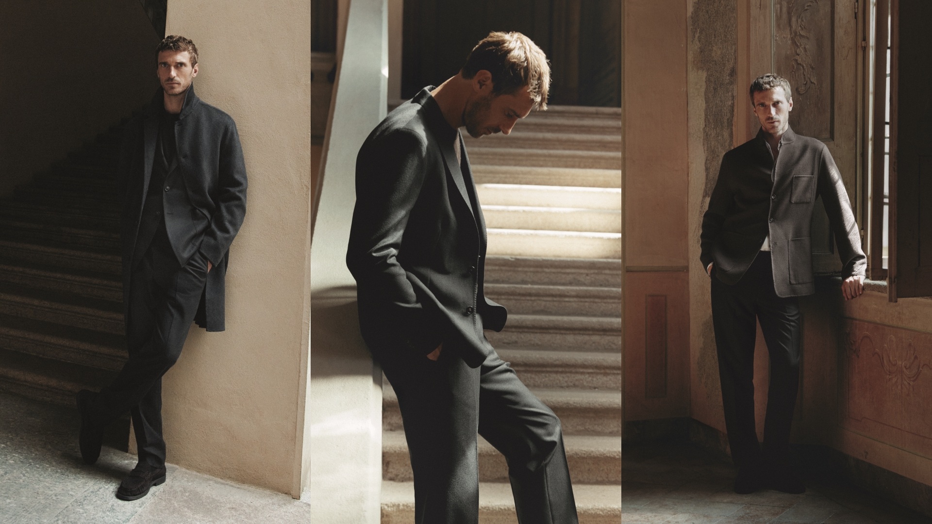 Mango Man Selection: A collage of three images, both with the same model wearing select pieces from the collection.