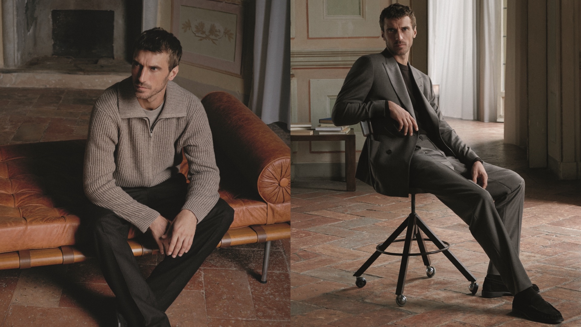Mango Man Selection: A collage of two images, both with the same model wearing select pieces from the collection.