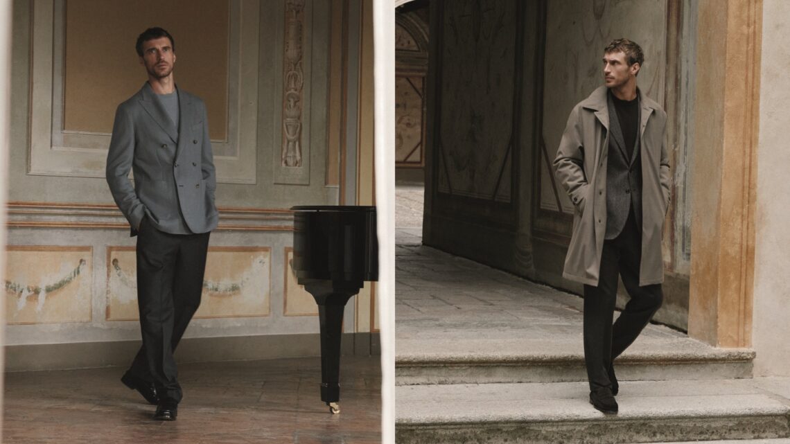 Mango Man Selection: A collage of two images, both with the same model wearing select pieces from the collection.