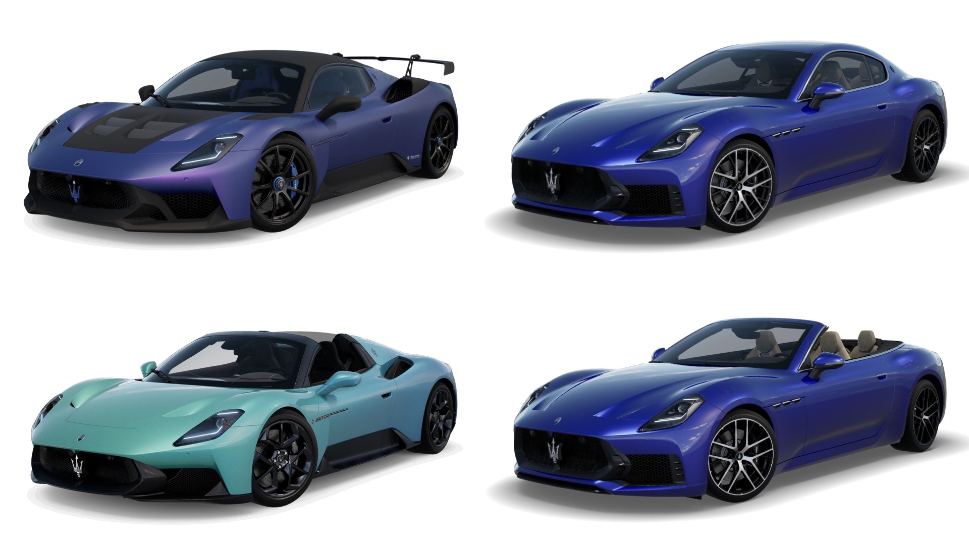 Navnit Maserati: A collage of four images with the 2027 models of Maserati GT2 Stradale, Maserati GranTurismo, Maserati MCPURA Cielo, and Maserati GranCabrio