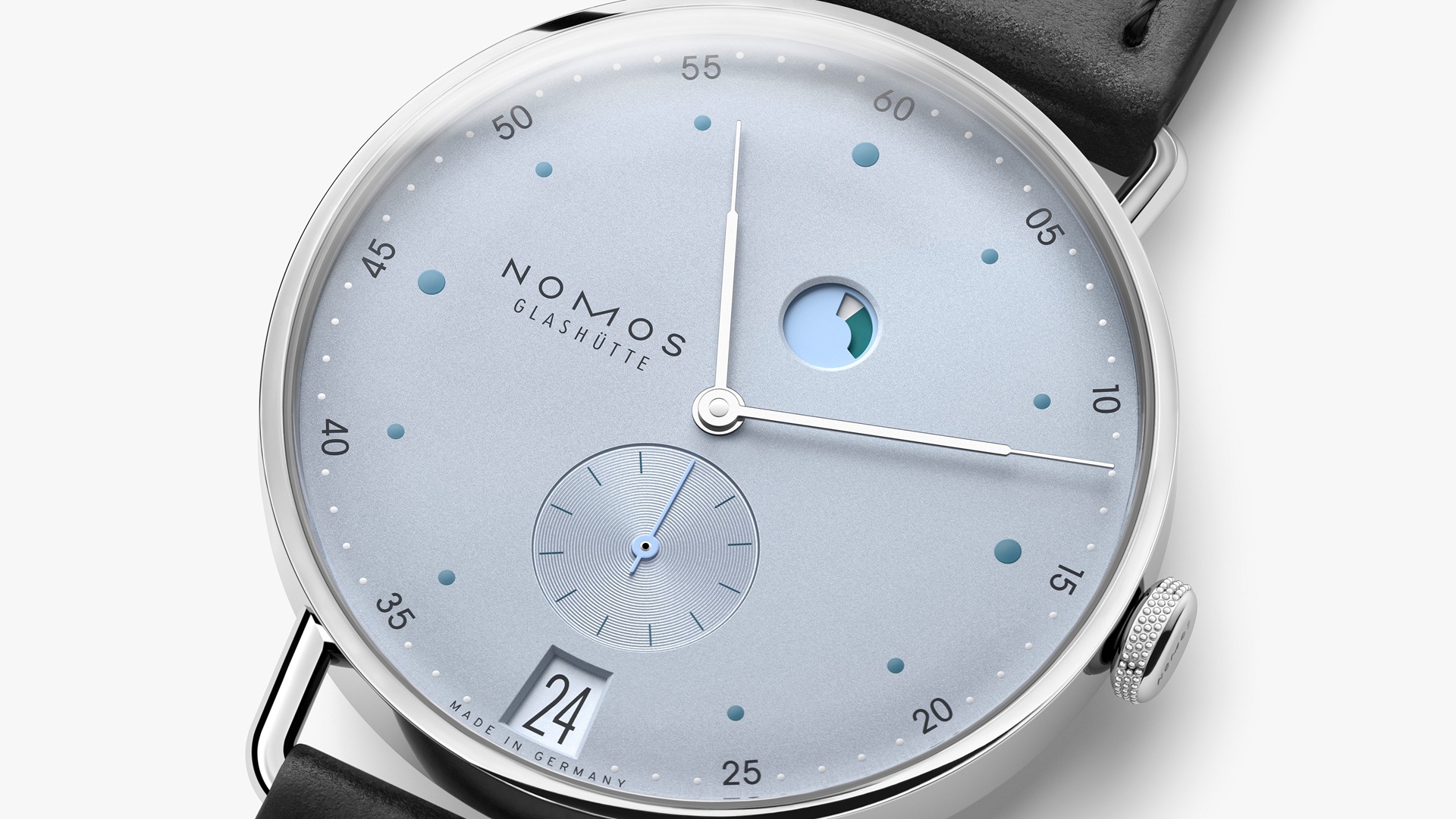 NOMOS Glashütte Metro date power reserve ice blue.