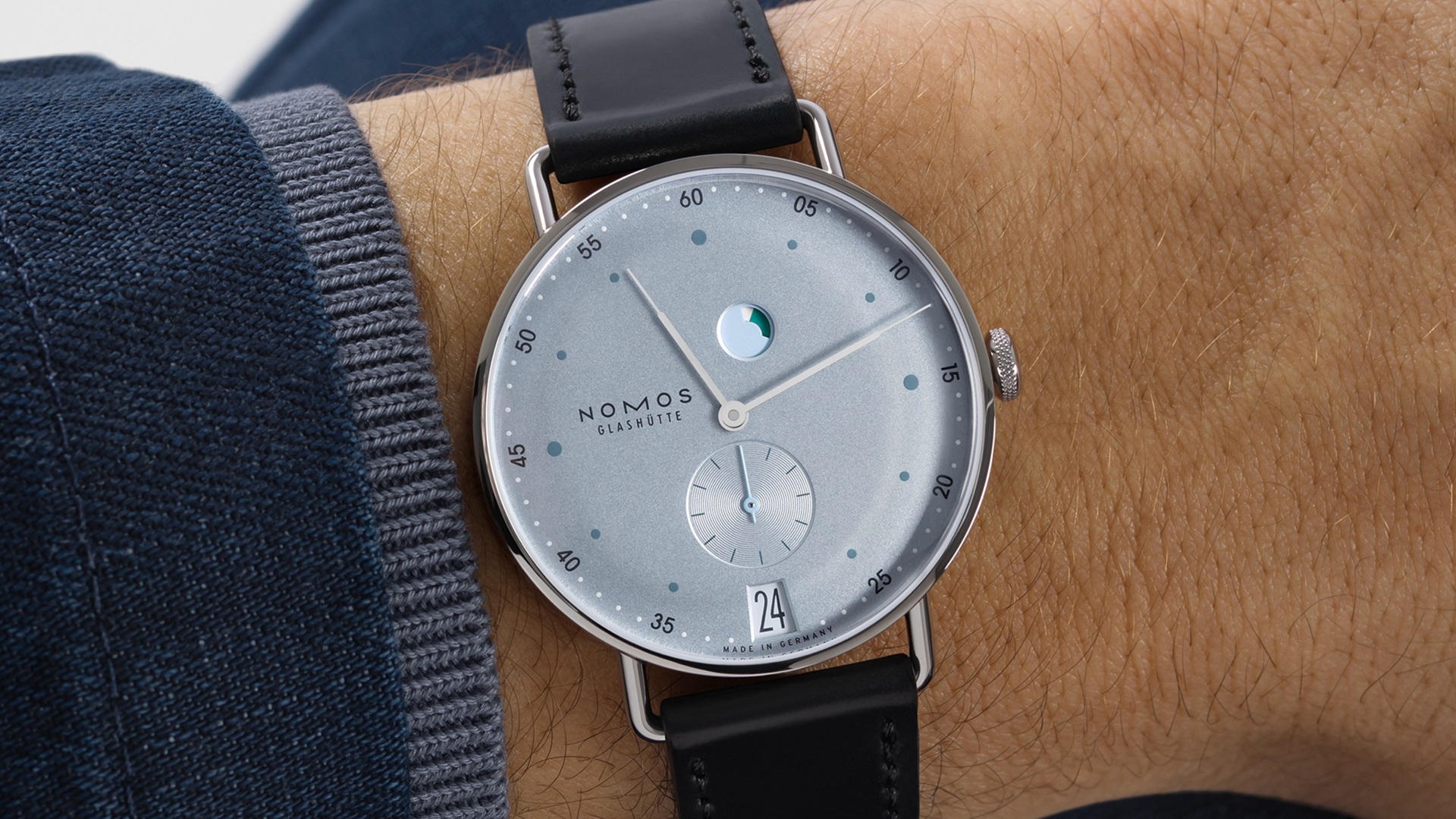 NOMOS Glashütte Metro date power reserve ice blue.