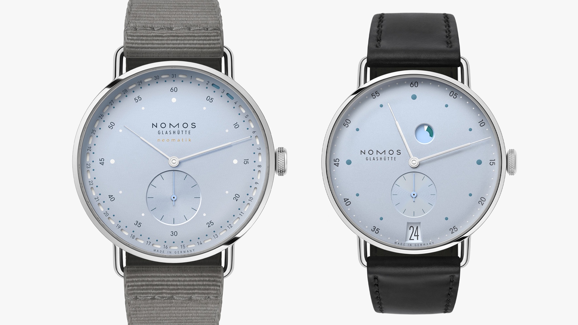 NOMOS Glashütte Metro date power reserve ice blue and Metro neomatik 41 Update ice blue.