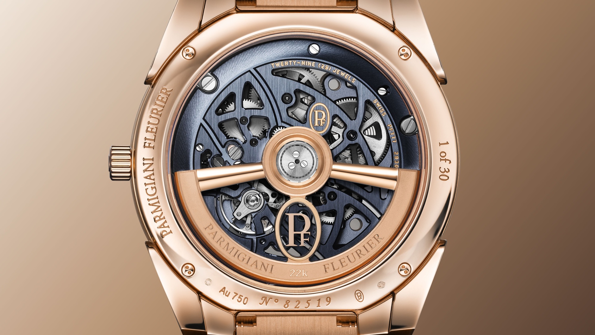 Parmigiani Fleurier Tonda PF Skeleton Rose Gold in Milano Blue.