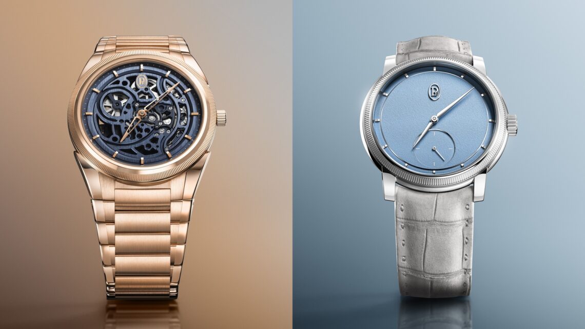 Parmigiani Fleurier Tonda PF Skeleton Rose Gold in Milano Blue and Toric Petite Seconde in Morning Blue.