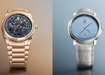 Parmigiani Fleurier Tonda PF Skeleton Rose Gold in Milano Blue and Toric Petite Seconde in Morning Blue.