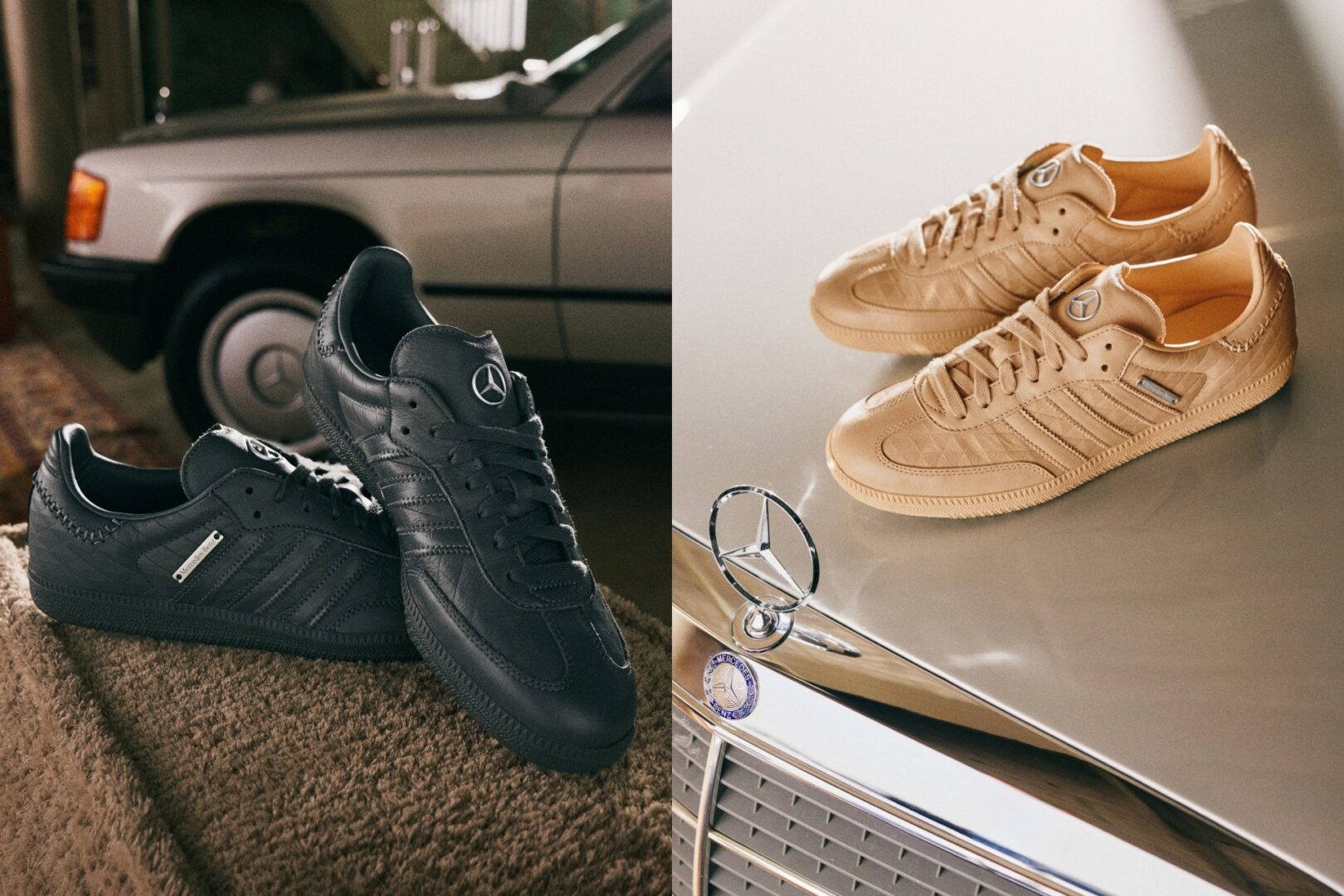 Samba OG x Mercedes-Benz: A collage of two images with the two colour options of the limited-edition shoe