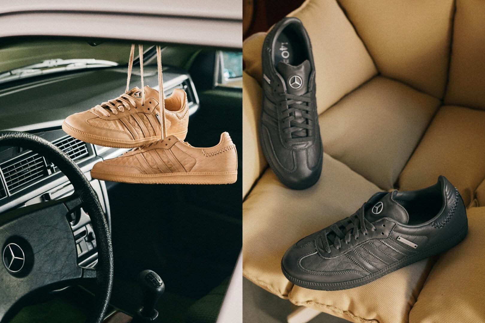 Samba OG x Mercedes-Benz: A collage of two images with the two colour options of the limited-edition shoe
