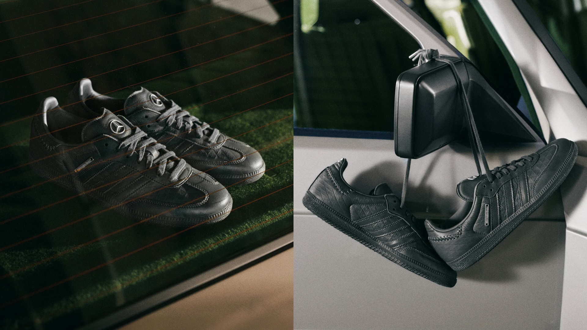 Samba OG x Mercedes-Benz: A collage of two images, both for the black colour option of the limited-edition shoe