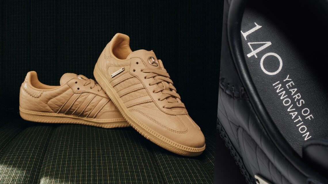 Samba OG x Mercedes-Benz: A collage of two images with the beige pair on the left, and Mercedes-Benz' celebratory lettering for its 140th anniversary