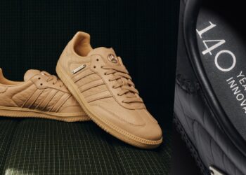 Samba OG x Mercedes-Benz: A collage of two images with the beige pair on the left, and Mercedes-Benz' celebratory lettering for its 140th anniversary