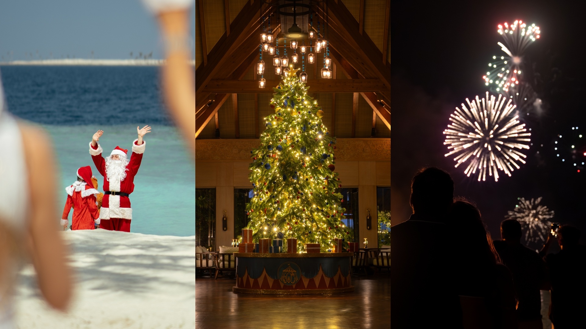 Waldorf Astoria Maldives - A collage of three images with snippets of Christmas and New Year's Eve Celebrations at Ithaafushi The Private Island Spa & Wellness