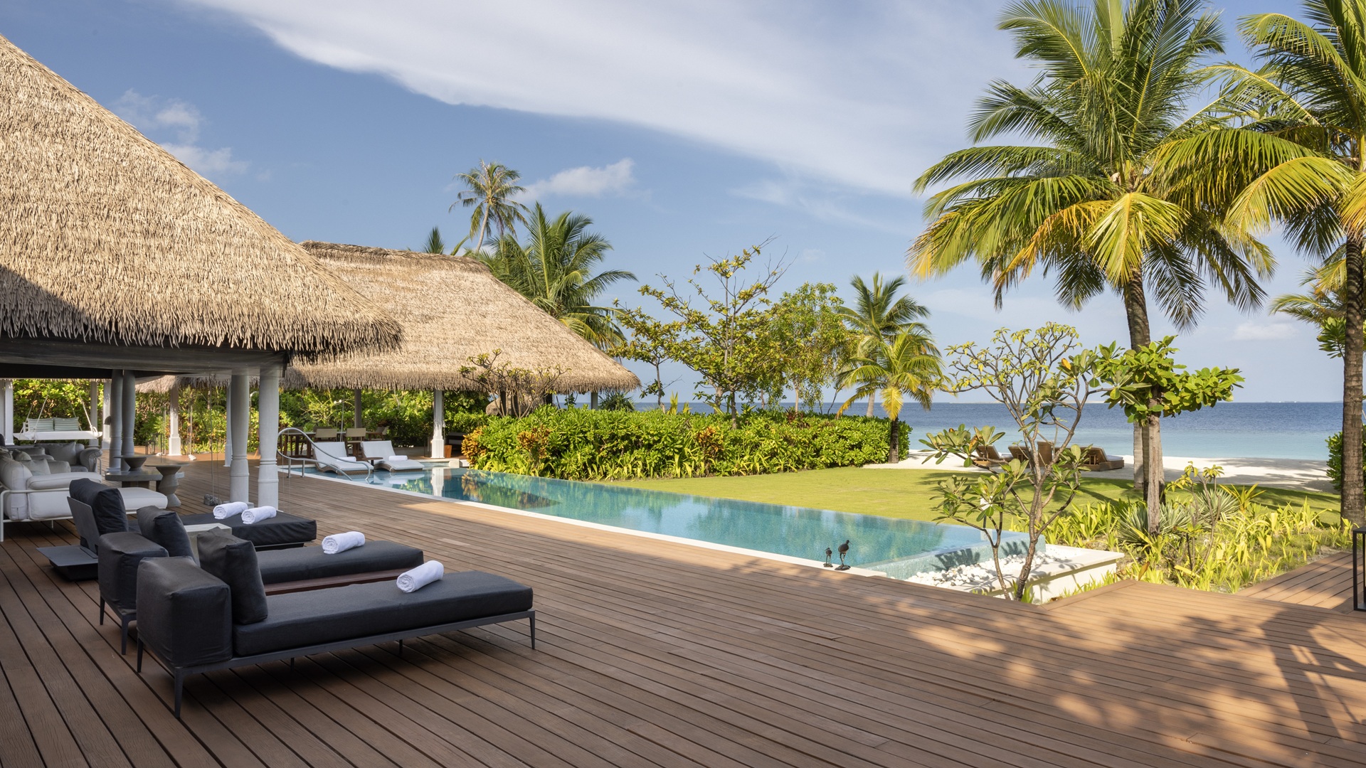 Waldorf Astoria Maldives - A shot of the terrace of the three bedroom beach villa at Ithaafushi The Private Island Spa & Wellness